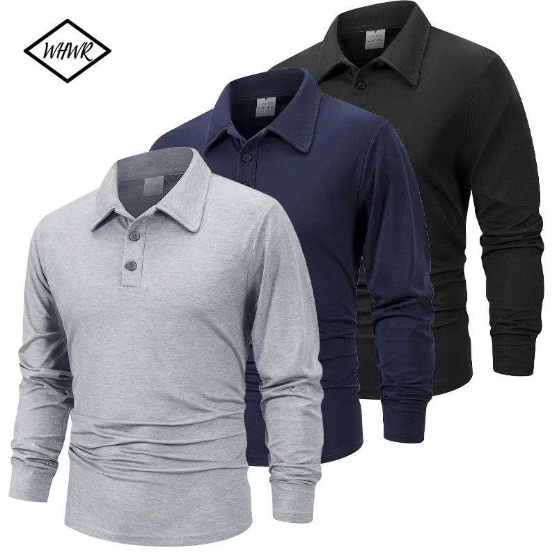 

Мужская рубашка поло с отложным воротником и длинными рукавами, деловая весенне-осенняя повседневная дышащая футболка с воротником на пуговицах, мужские футболки, топы