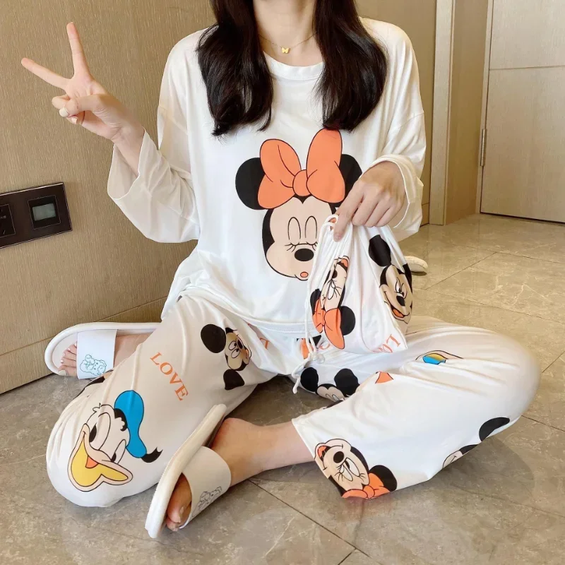 Disney Mickey Mouse pajamas autumn new pure cotton long-sleeved trousers silk pajamas women\'s cartoon loungewear pajamas set