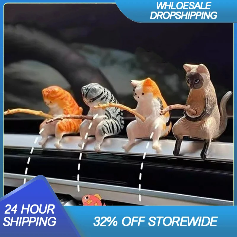 Cute Resin Fishing Cat Figurines: Perfect Miniature Ornaments for Car Interior Decoration - Unique Small Gifts for Friends