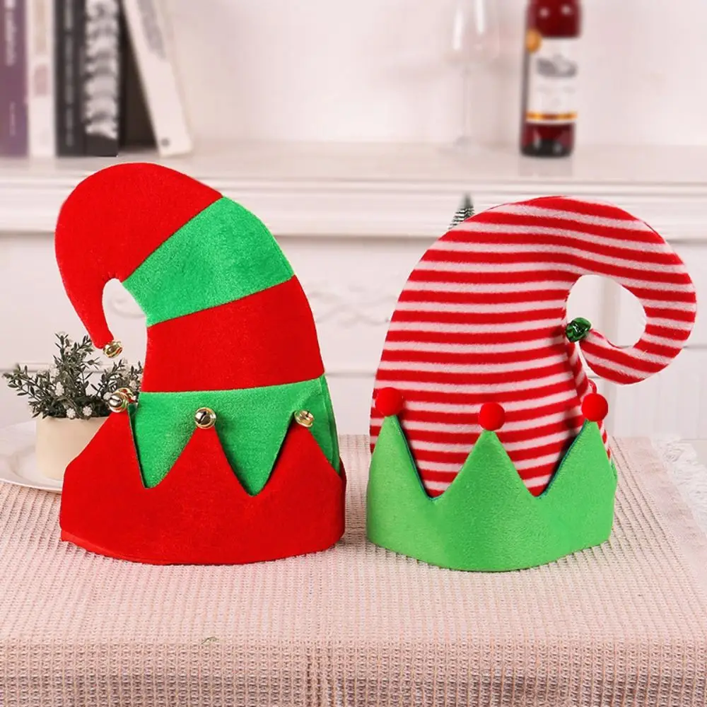 Warm Red Christmas Hat Green Ball Stripe Xmas Cap Patchwork with Bells Santa Elf Hat Boy