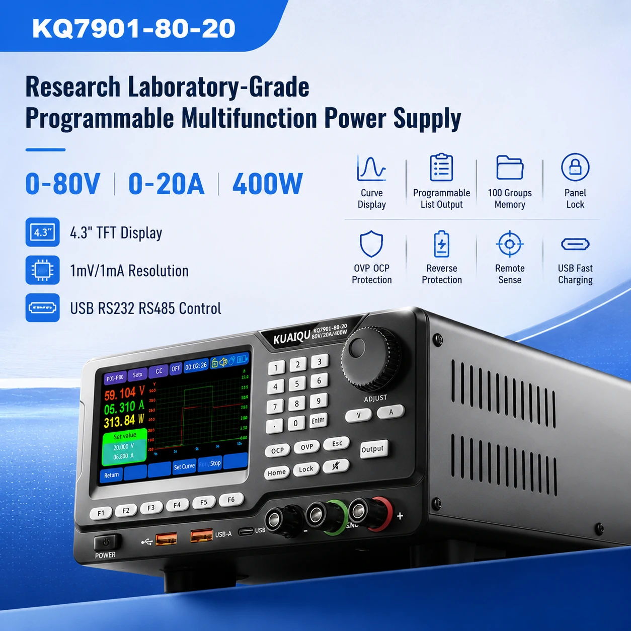 Programming DC Power Supply  80V 20A 400W 1mV 1mA Forced C.V. Mode 5-digit Engineer Level Bench Power Supply RS485 USB OCP OVP