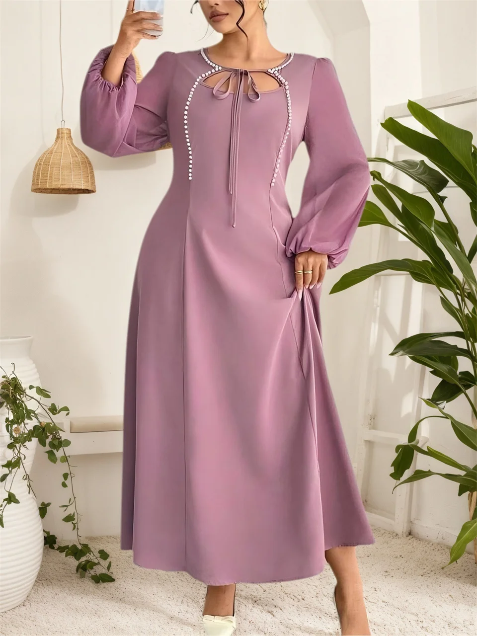 GIBSIE grande taille perle perles cravate cou robe longue élégante 2025 automne nouvelles femmes lanterne manches Vintage fête a-ligne robes