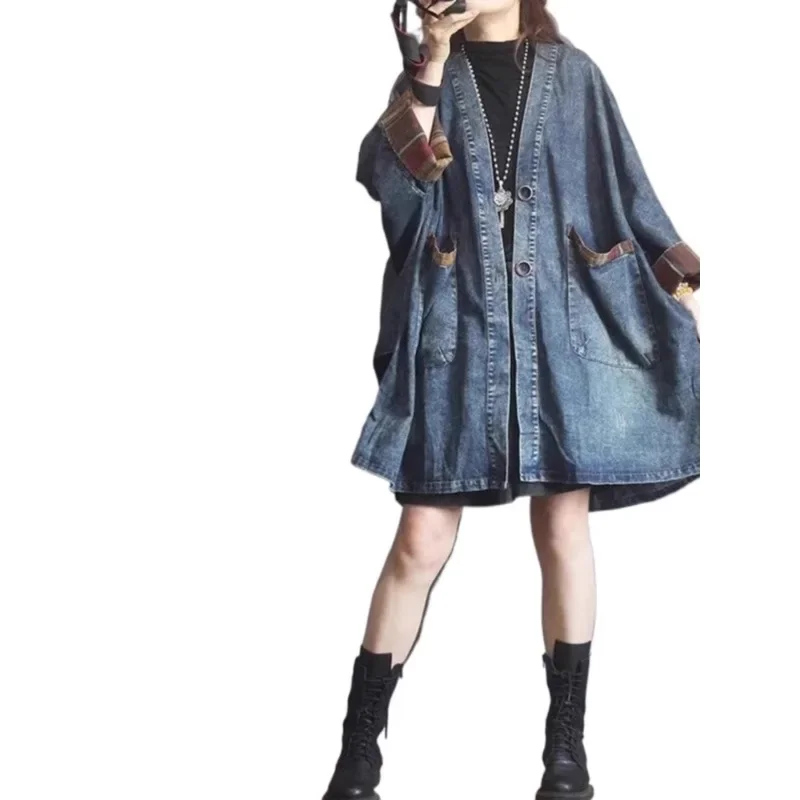 معطف SuperAen كبير الحجم متوسط الطول من قماش الدنيم للنساء فضفاض غير رسمي بجيوب مرقعة معطف واق من المطر بأكمام تشبه جناح الخفاش