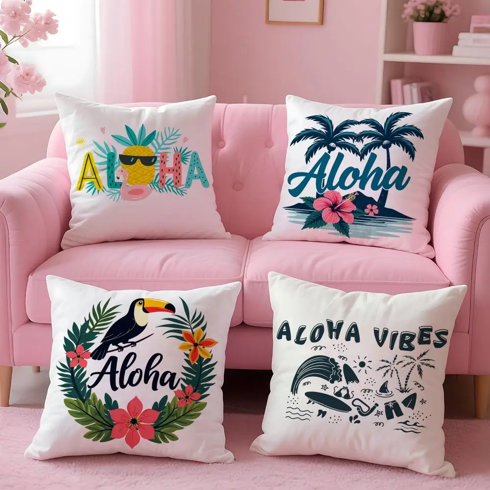 Aloha Hibiscus Design Cushion Cover Plush Fabric Soft Double-Sided Printed Sofa Warm Winter Home Gift Pillow Case