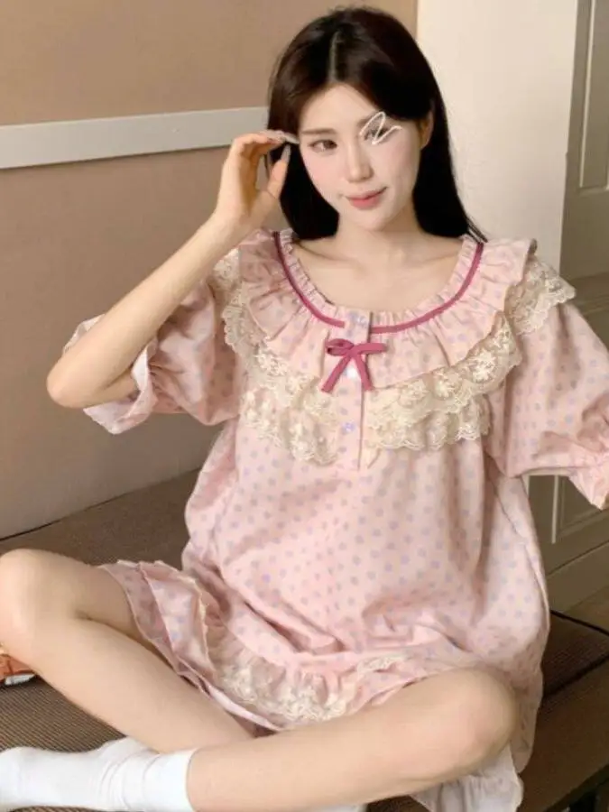 

plus Size Women's Summer Sleepwear Short Sleeve Home Clothes Set Sweet Lace Trim Polka Dot Print Comfortable Loose Fit Polyes...