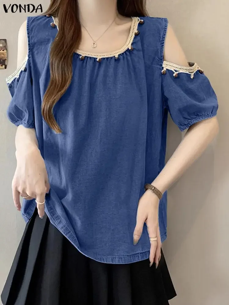 VONDA Women Blouse Sexy Cold Shoulder Solid Short Sleeve Tunic Tops 2025 Summer Casual Loose Fashion Shirts Elegant Office Blusa