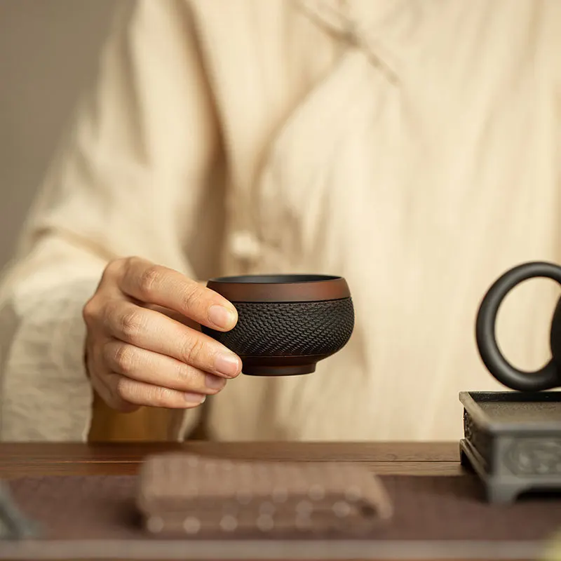 Handmade Antique Purple Pottery Jump Carving Master Guest Tea Cup Kung Fu Tasting Teacup For Household Tea Ceremony Table Decor