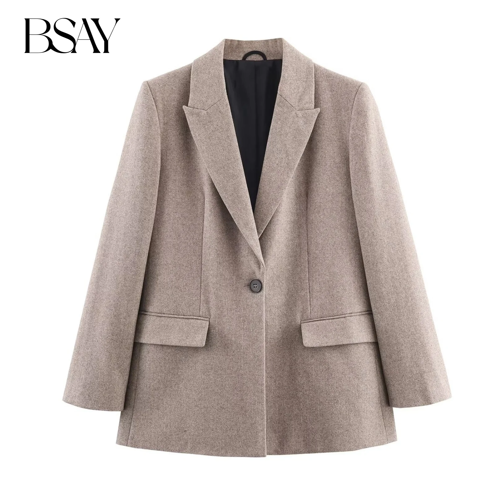 

BSAY Blazers for Women Fashion Autumn Winter New Solid Color Flip Pocket Long Sleeve Single Buckle Suit Jacket Chic Female Coat