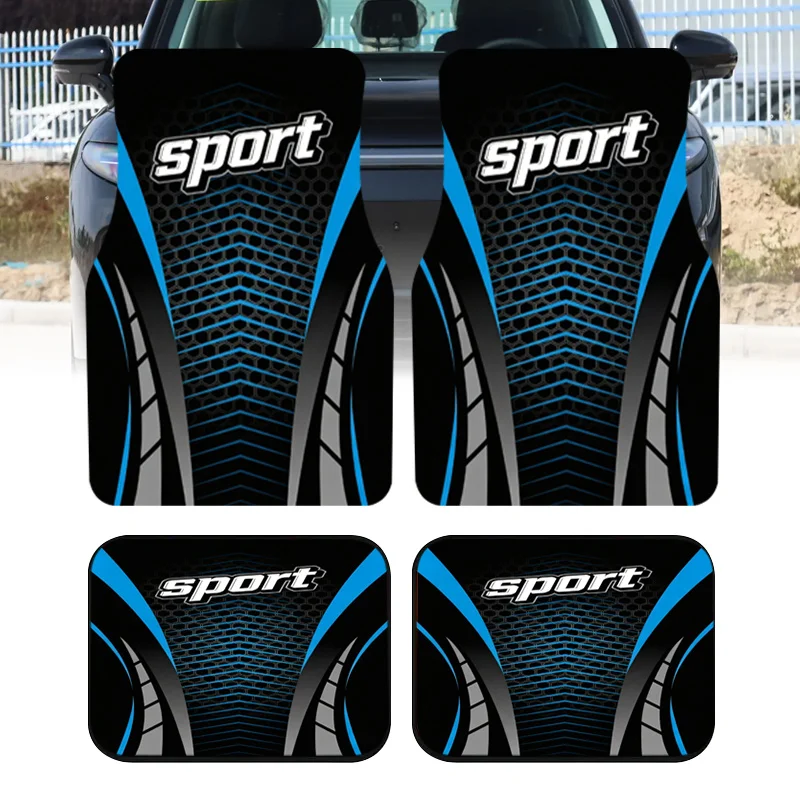 4pcs Polyester Fiber Blue Black Competitive Style Sport Letter Print Fashion Easy Car Floor Mats, Wear-Resistant and Stable
