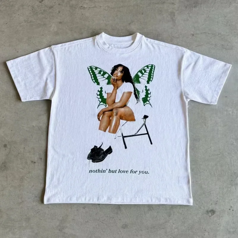 

2025 Summer Vintage Casual Girl Sza Print Y2k Men's Short Sleeve O-Neck Streetwear Harajuku Gothic TShirt Crop Men's Fashion Top