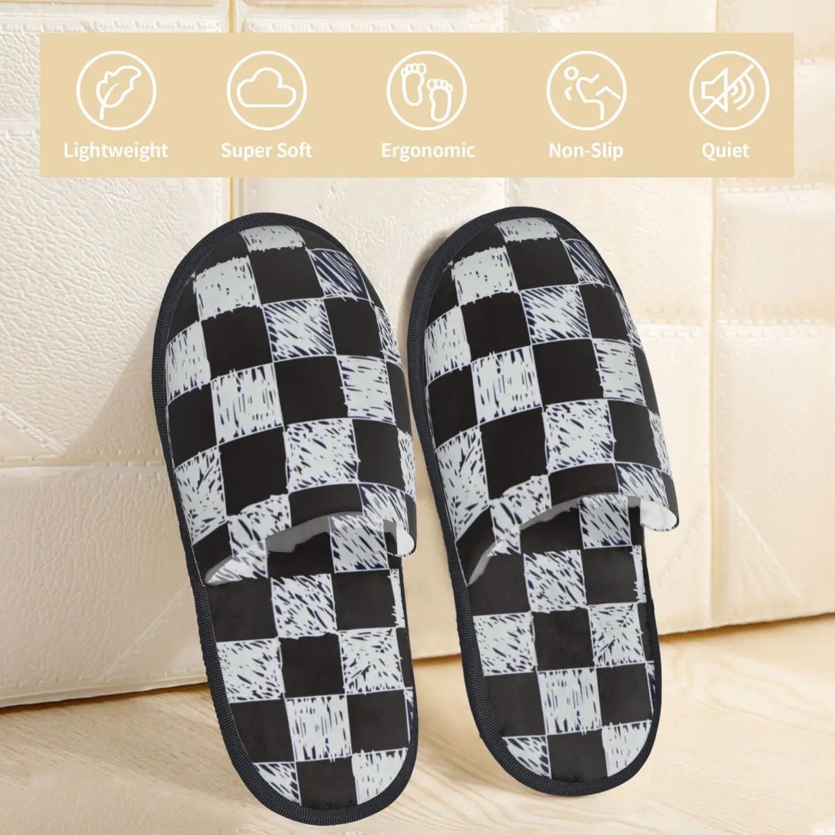 Black And White Grid Application Men Women Furry slippers Leisure Home slippers