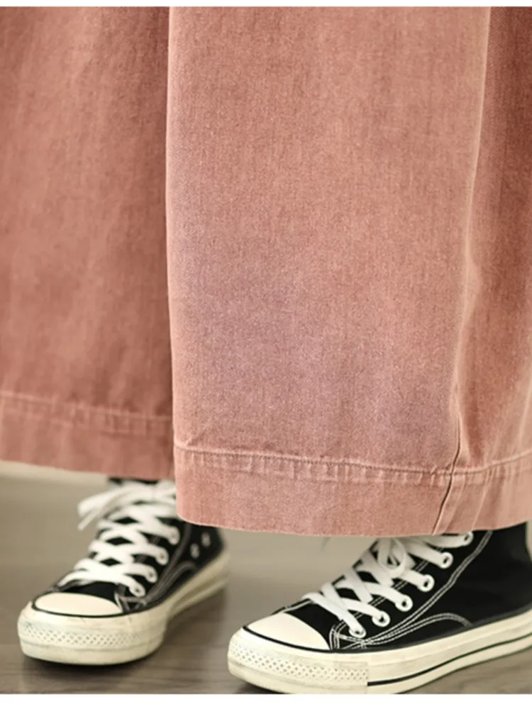 가을 겨울 벨벳 와이드 레그 청바지 여성 캐주얼 탄력 높은 허리 바지 여성용 핑크 데님 바지 루즈핏 여성 바지