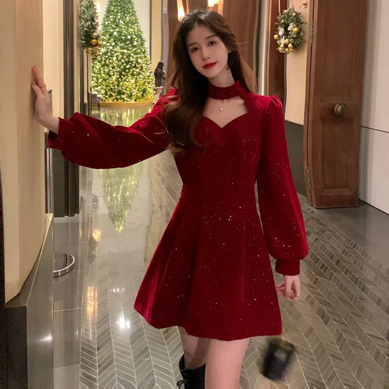 Sequins Long Sleeve Wram Vintage Dress Red Velvet Elegant Party Mini Dress Ladies Casual Korean A line Dress