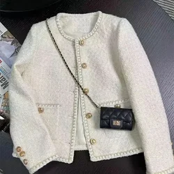 Fashion Cropped Tweed Jacket Women Vintage Elegant Coat Korean Single Breasted Blazer Ladies All Match Chic Short Outerwear Tops