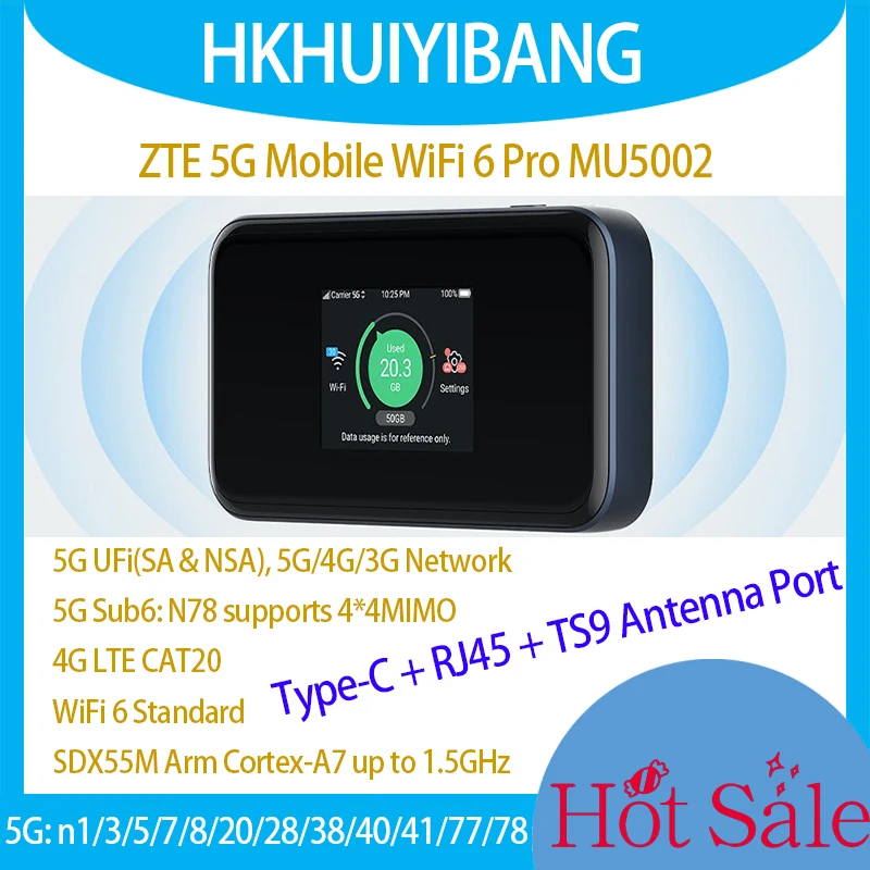 ZTE 5G 모바일 와이파이 6 프로 MU5002 SDX55, 4x4MIMO, 5GHz 휴대용 와이파이 라우터, 5G NR SIM 카드 모뎀, 4G LTE 핫스팟 CAT20 기가비트 MiFi 