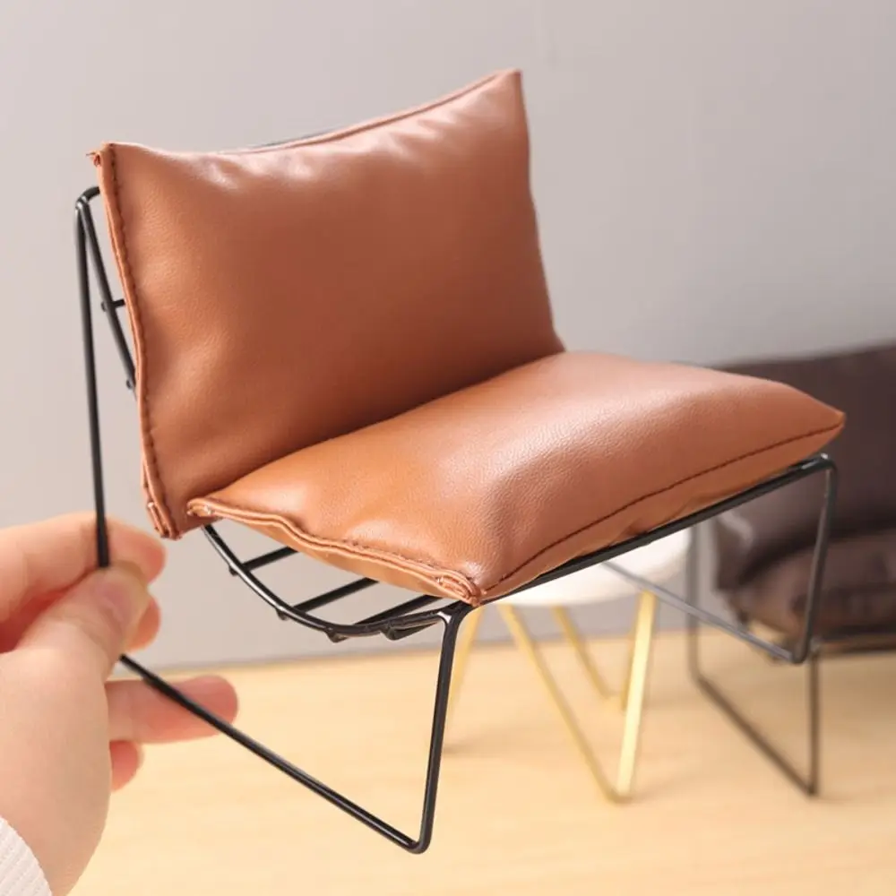 1:6 Dollhouse Furniture Morden Style Iron Sofa Chairs with Leather Cushion Miniature Living Room Chairs DIY Doll House Decor