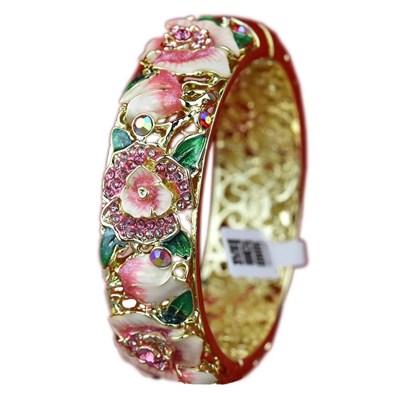 

Luxury Cloisonne Rhinestone Rose Flower Bracelets Ladies Enamel Openwork Jewelry Gilding Fashion Spring Hinged Cuff Bangles Gift