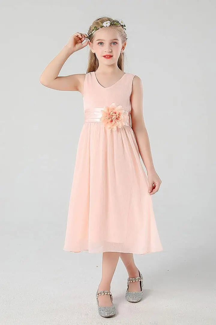 A Line Junior Bridesmaids V-Neckline Chiffon Flower Girl Dress Flower Girl Dresses for Weddings Girl Dress