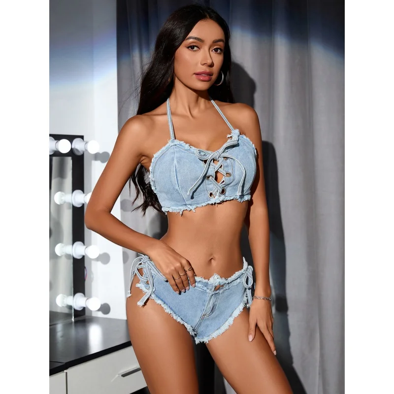 

Sexy Denim Shorts Wrapped Chest bra Suit Women Nightclub Pole Dance Hot Girl Super Short Shorts