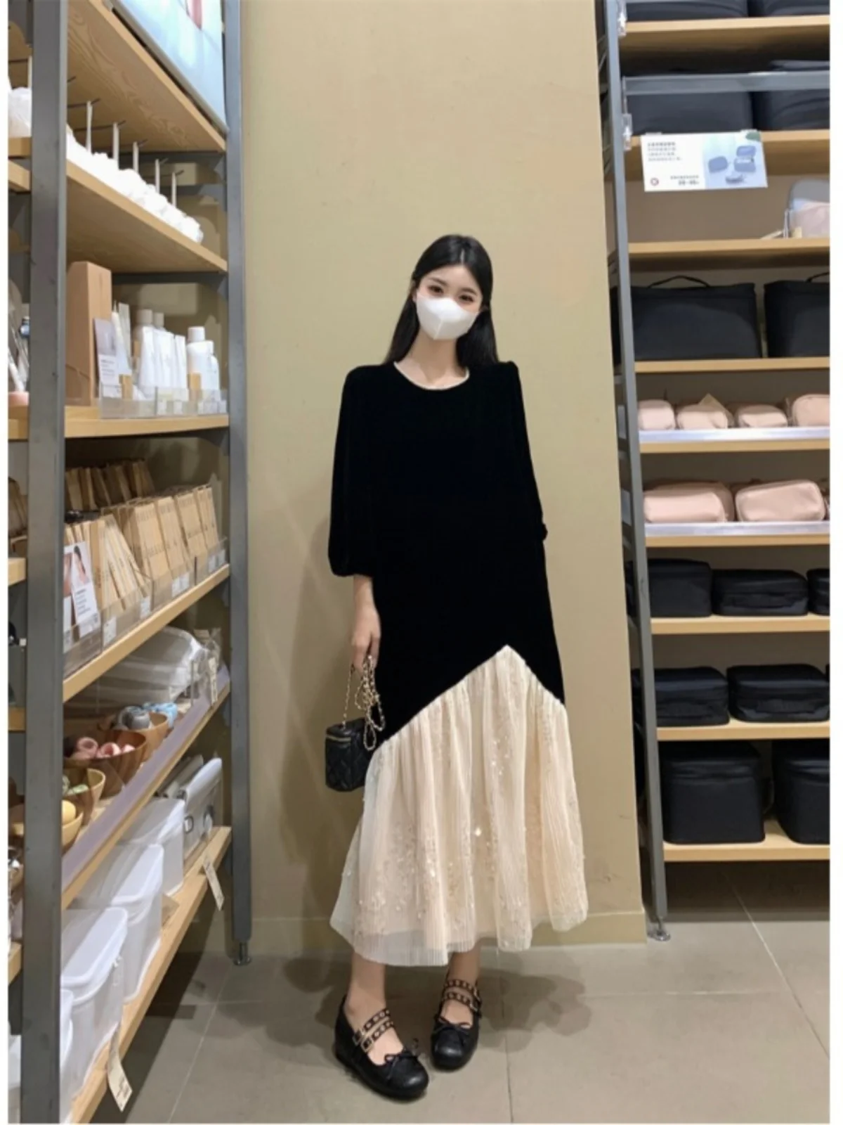 plus Size Hepburn Sle Velvet Dr Women's New 2025 Autumn Ele Little Bla Dr Fat MM Belly Cover Slimming Skirt