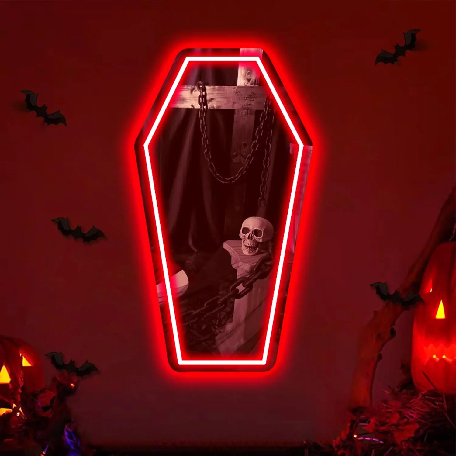 التابوت مرآة النيون تسجيل USB عكس الضوء ضوء النيون لغرفة الألعاب رجل الكهف غريب الأطوار القوطي هدية تزيين المنزل مرآة لوضع مساحيق التجميل