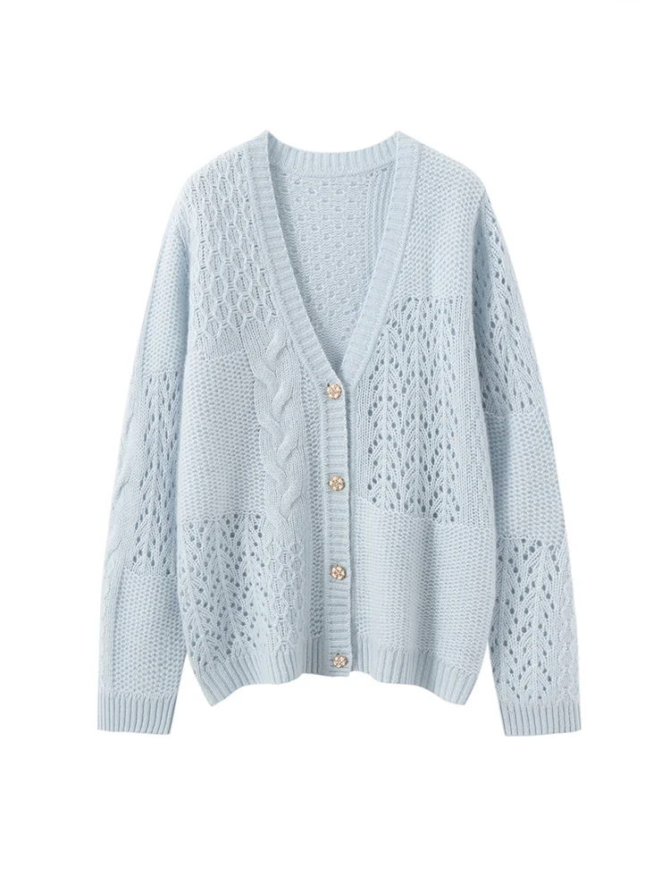 

MEETCC Women's 100% Cashmere V Neck Hollow Out Cardigan Cable Knitwear Spring Autumn Buttoned Premium Delicate Versatile Sweater