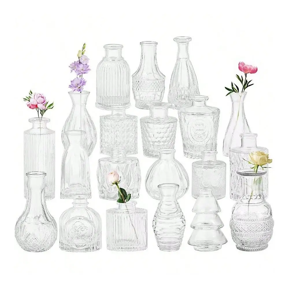 

Of 20 Glass Bud Vases,Small Clear Vases,Wedding Centerpiece Table Decorations,Clear Vintage Embossed Mini Vases,Flower Arrangem
