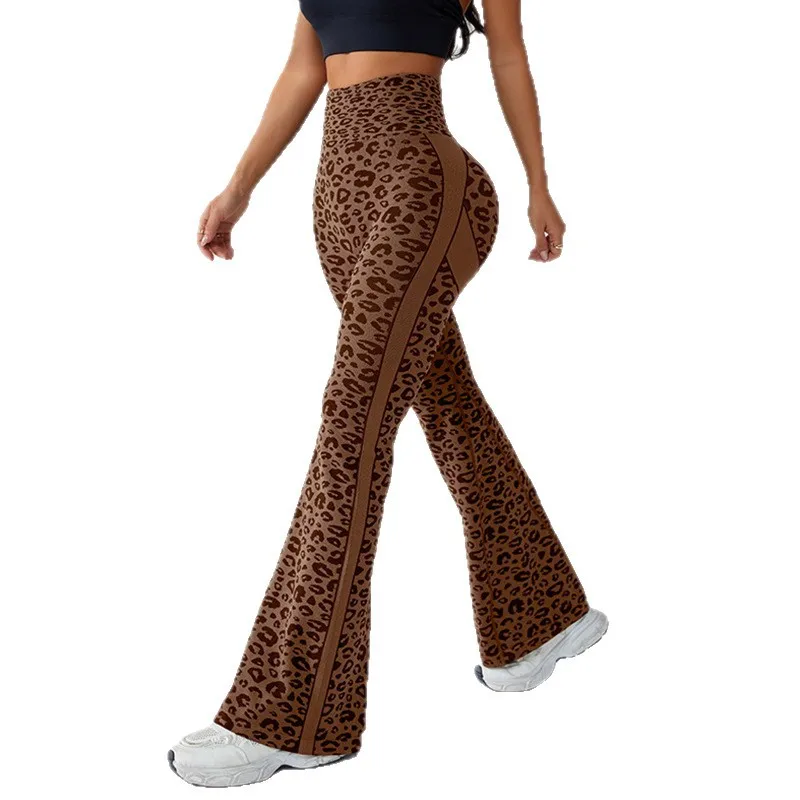 European and American Autumn and Winter Micro Yoga Pants High Waist Hip-Lifting Sports Wide Leg Pants Leopard Print Ropa Mujer
