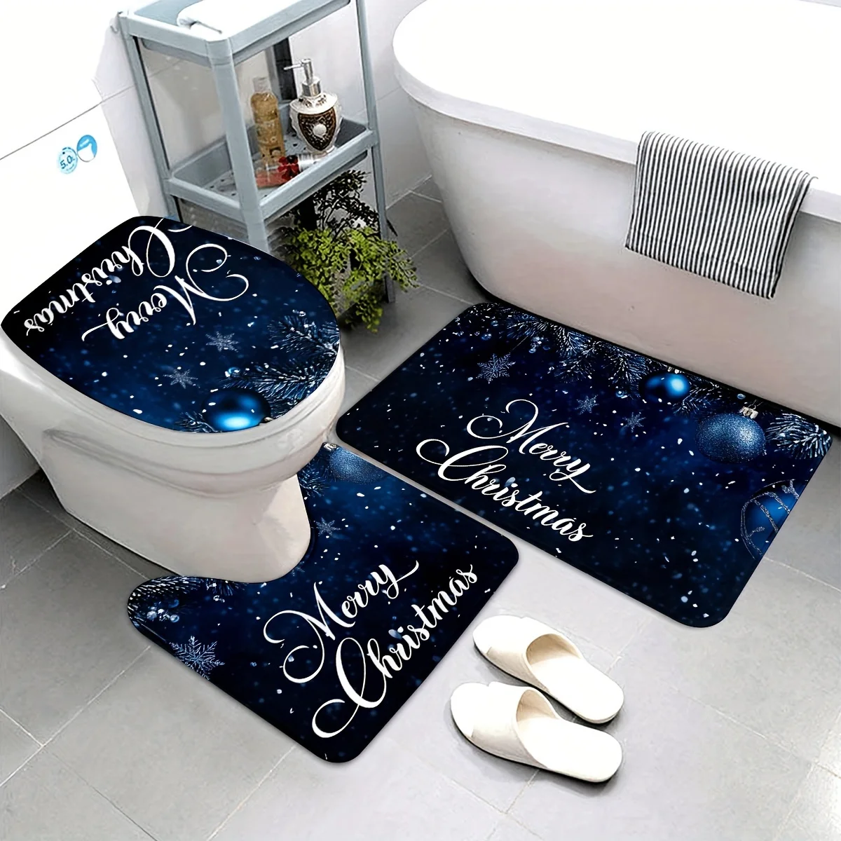 

Christmas Snowflake Blue Dreamlike Theme Bathroom 3Pcs/set Mat Home Flannel Decoration Accessories Floor Rug Toilet Cover40*60CM