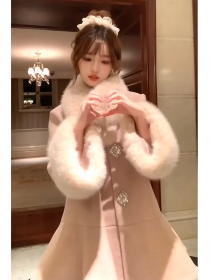 Premium Cape Woolen Jacket Winter Socialite Style Wool Sleeves Pink Coat Wome's 2024 New Long Sleeves Elegant Jaqueta Femininas