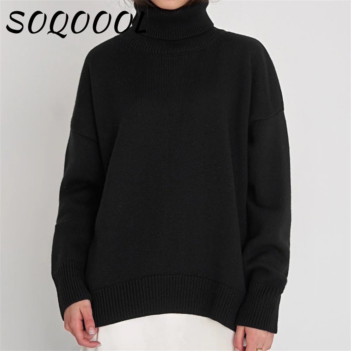 Damski sweter z golfem elegancki sweter CHIC jesienno-zimowy gruby ciepły sweter Top ponadgabarytowy Casual luźny, podstawowy sweter z dzianiny