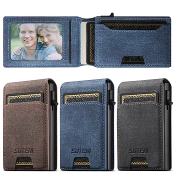 Push-out Card High Quality Faux Leather Card Holder Wallet Holder Large Capacity Can Hold 1-12 Cards 1 Photo Black/Brown/Blue 4