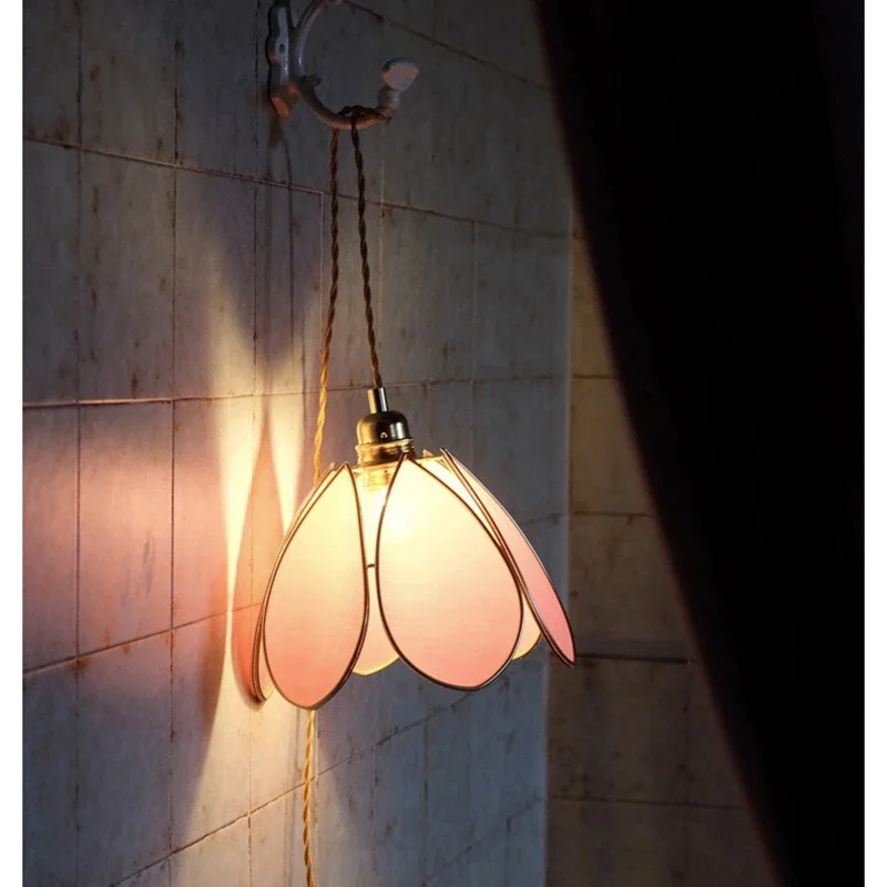 

Pink Flower Pendant Light for Bedroom Dining Room Study French Retro Romantic Chandelier LED Lamp Home Decor Fixtures