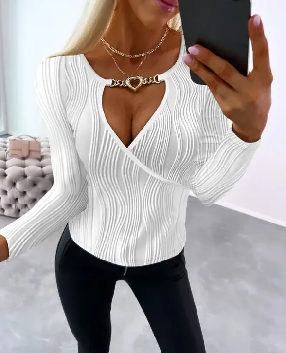 Sexy Semi-Sheer Heart Chain Detail Top  100% Polyester Lightweight Stretchy Shirt with Golden-Tone Metal Accents  Machine Washa