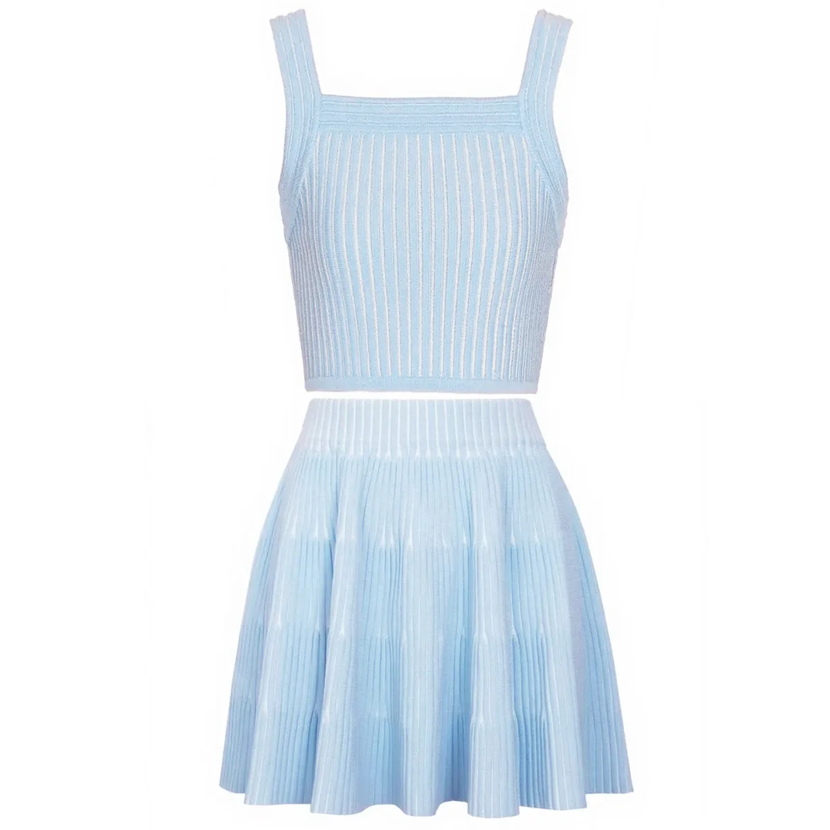 

Women Round Neck Knitted Off Shoulder Sleeveless Crop Top Suit Female Fashion Knitted Pleated Short Skirt 2 Piece Set Summer