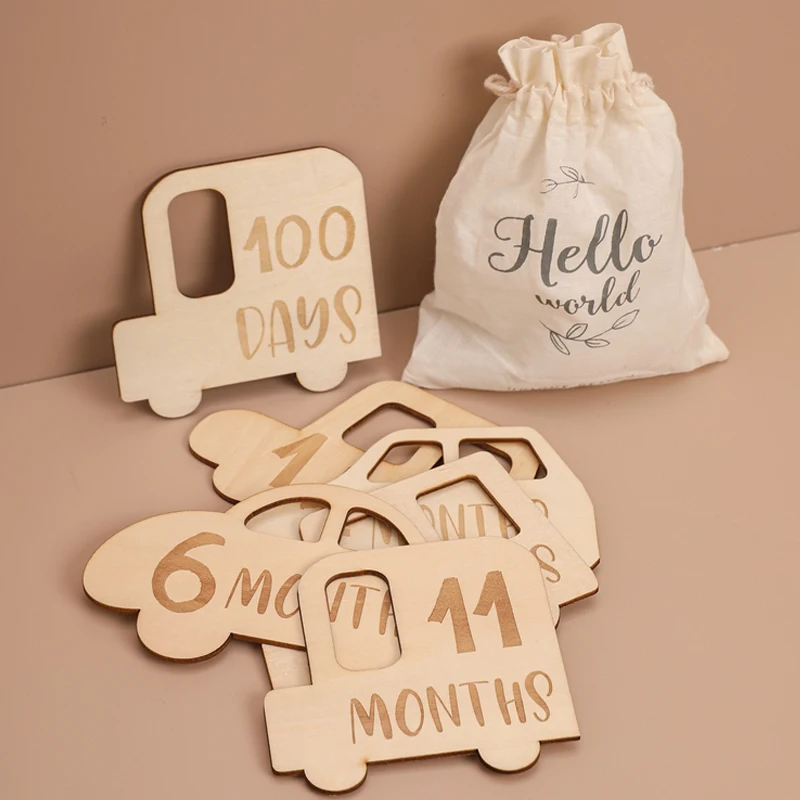 Cartes en Bois en Forme de Voiture pour Bébé, 15 Pièces/Ensemble, Carte d'Enregistrement de la Croissance des Nourrissons, Fait à la Main, Cadeau de Naissance pour Nouveau-Né, Accessoires de Photographie