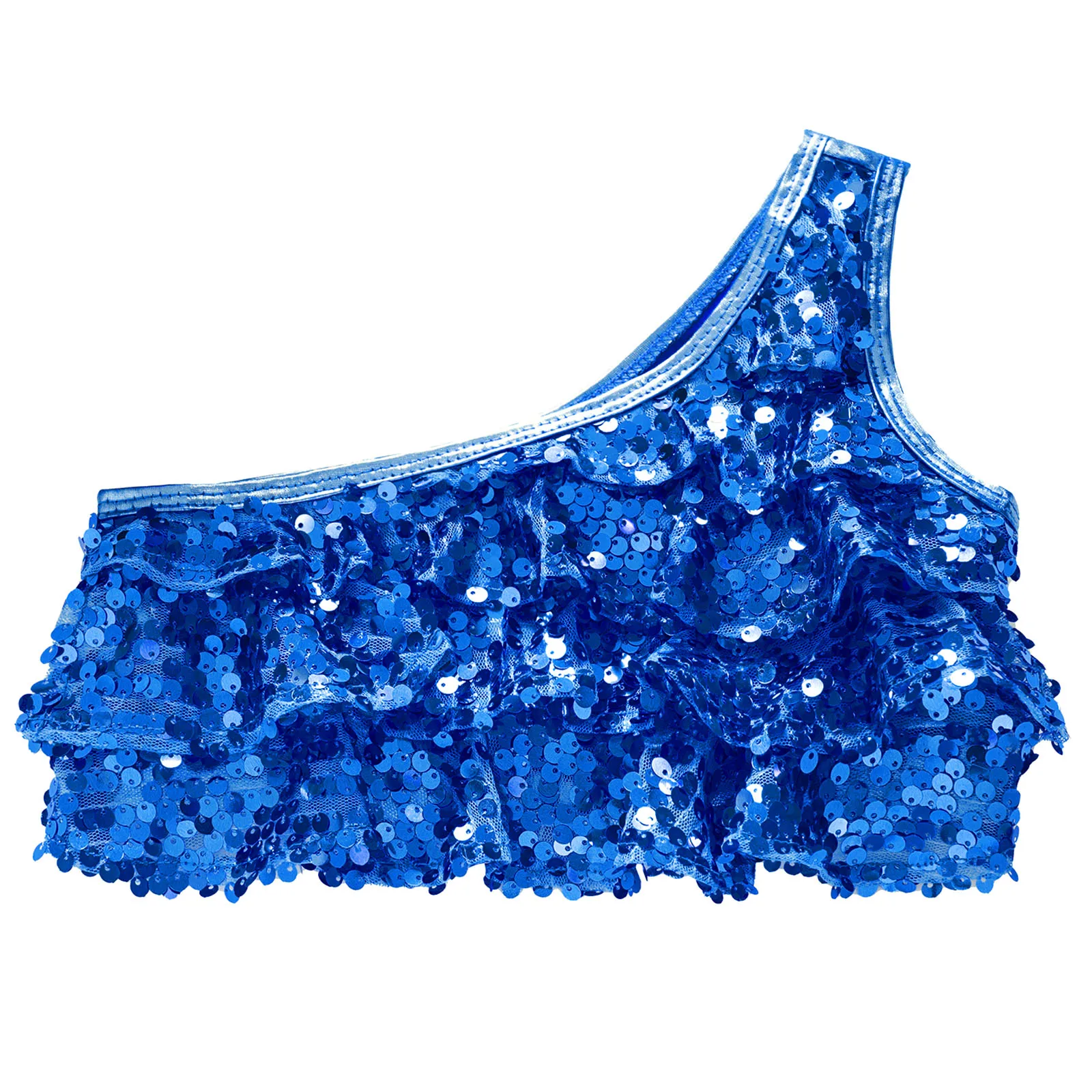 Girls Dance Performance Costume Set Metallic Shiny Modern Street Dancewear Sequin Tiered Ruffles Crop Top Vest and Ruffled Skirt