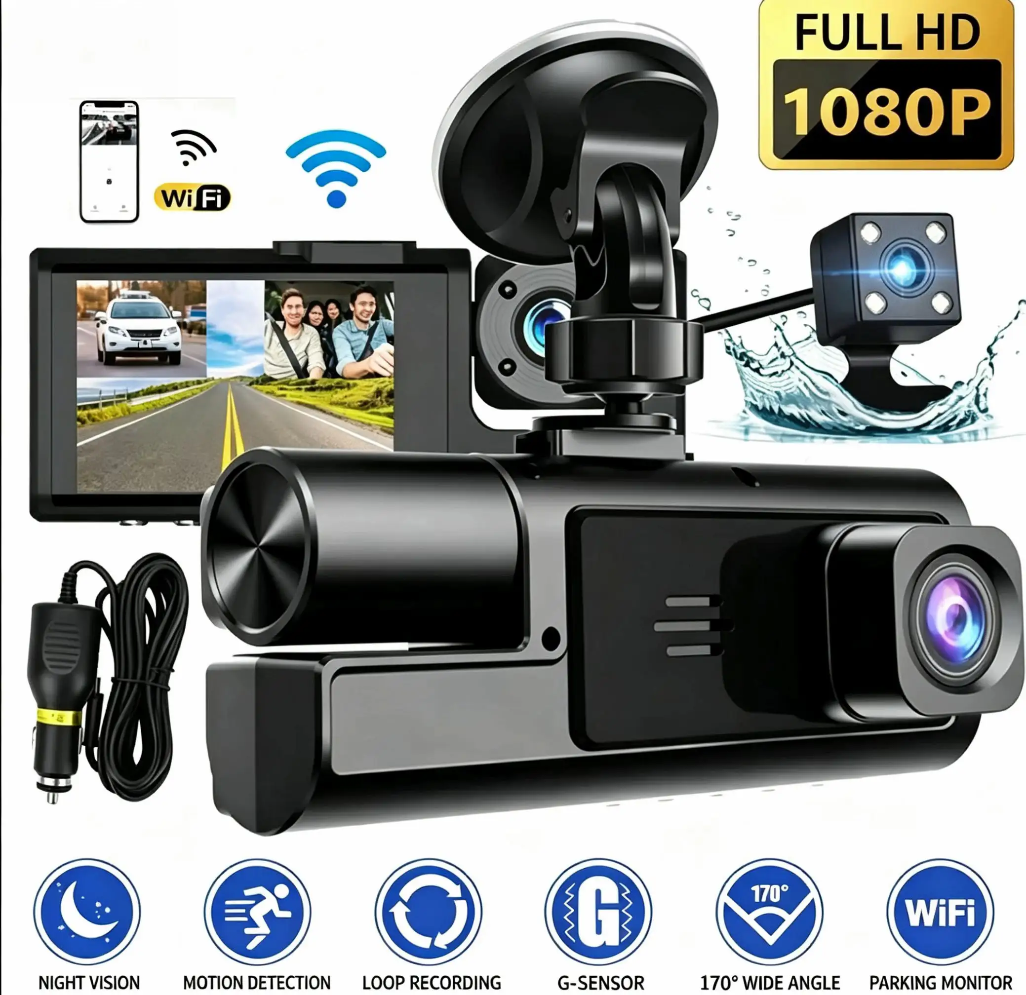 1080PTriple Lens WiFi Car Dash Camera, 3 Ways HD Recording for Front Cabin Rear, Wireless Phone Connection & Auto Loop Recording