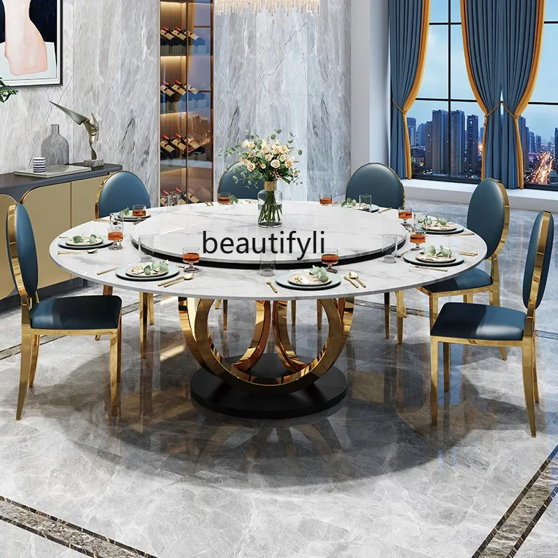 

Light luxury marble household dining table and chair combination with turntable round dining table and chair combination
