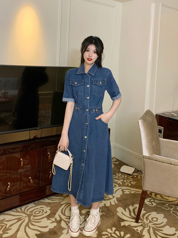 

Korean Style Loose Women's Denim Dress Vintage Single-breasted Turn-down Collar Short Sleeve Summer Casual Solid Color Frocks