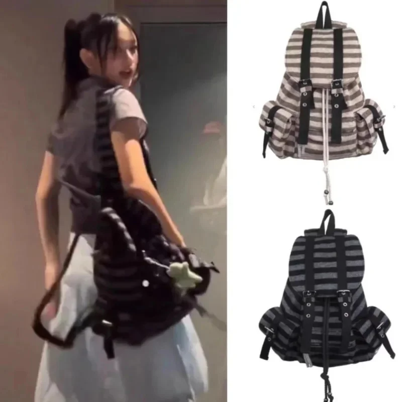 Ransel Bergaris Tas Tangan Wanita Jeans Y2K Sama Jepang Korea Fungsional Kasual Kotak-kotak Ransel Selempang Pasangan Kapasitas Besar