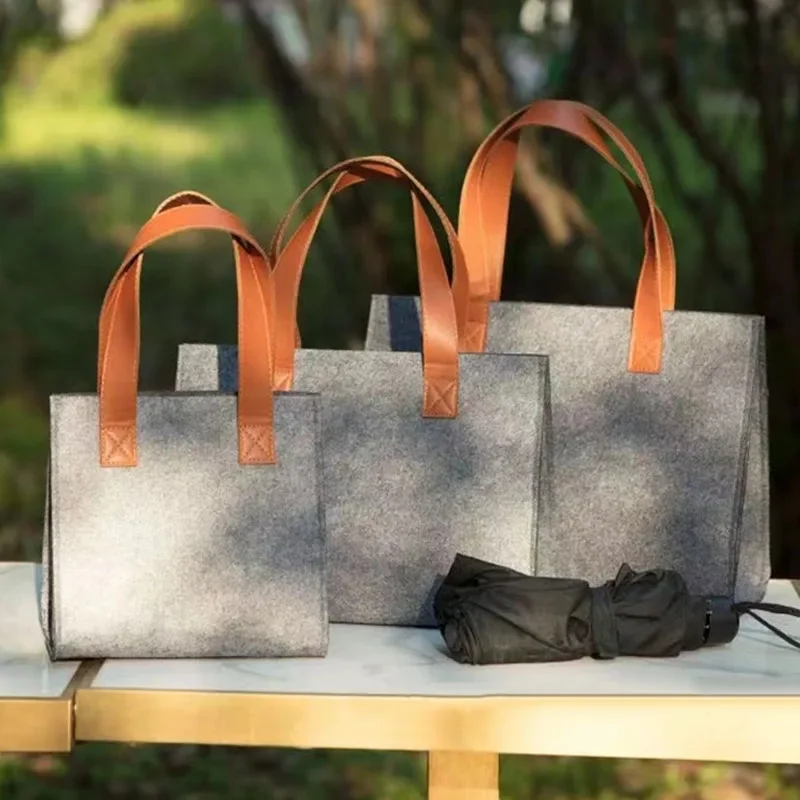 Foldable Gray Felt Tote Portable Thicken Felt Bag With Handle Large Capacity Washable Foldable With Handle Organizer