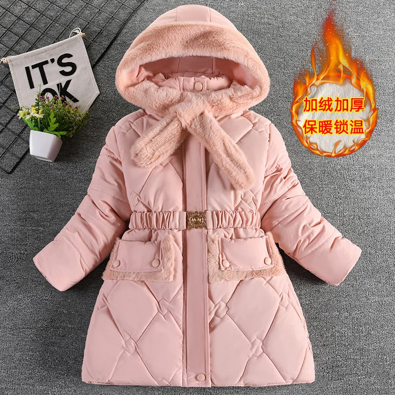 

Winter Girls Plus Velvet Warm Down Jackets 2023 New Kids Hooded Fur Collar Scarf Coats Kids Clothing Teens Girls Thicken Parkas