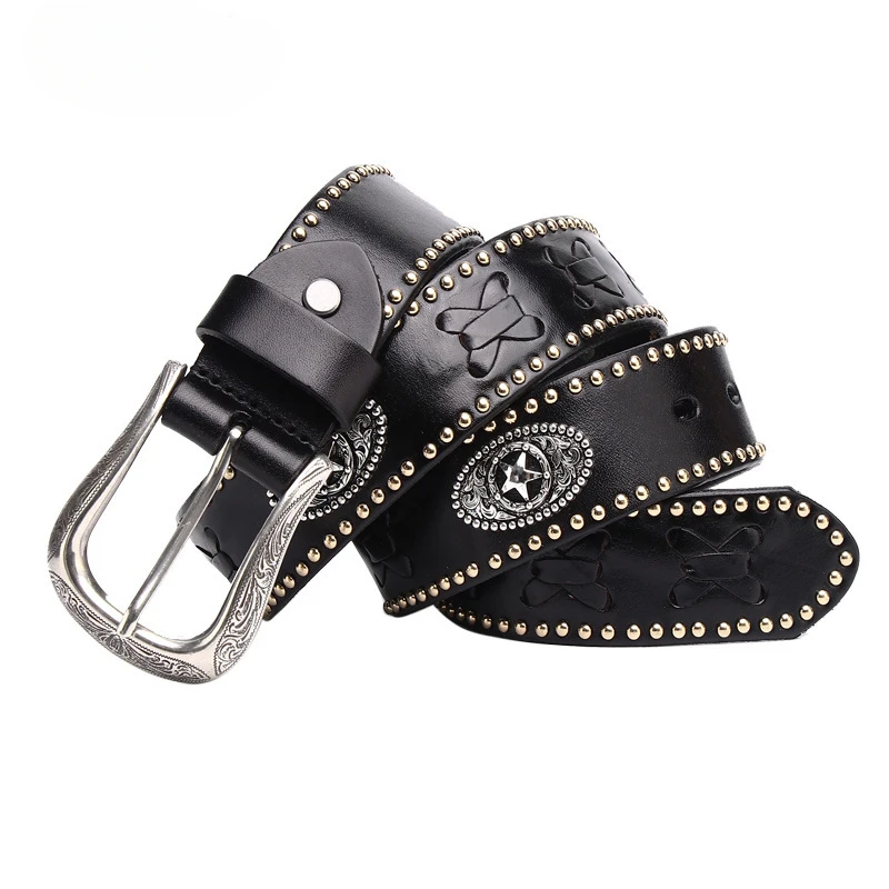 3.8CM New Western Cowboy Pin Belt Leather Alloy Belt Buckle Woven Men's Rivet Head Layer Cowhide Knight Personality Punk Belt