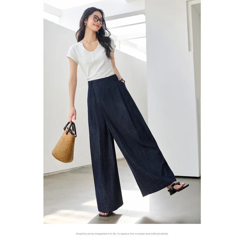 Women's Casual Drape Pants High Waist Washed Jeans 2025 Spring Loose Straight Wide Leg Vintage Commuting Simple Denim Pants