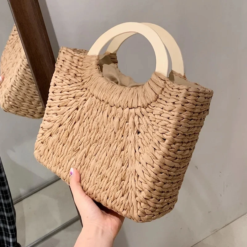 Wooden Handle Straw Bag For Women Handmade Woven Top-handle Bag Vacation Seaside Beach Bag Basket Casual Shopping Totes Basket