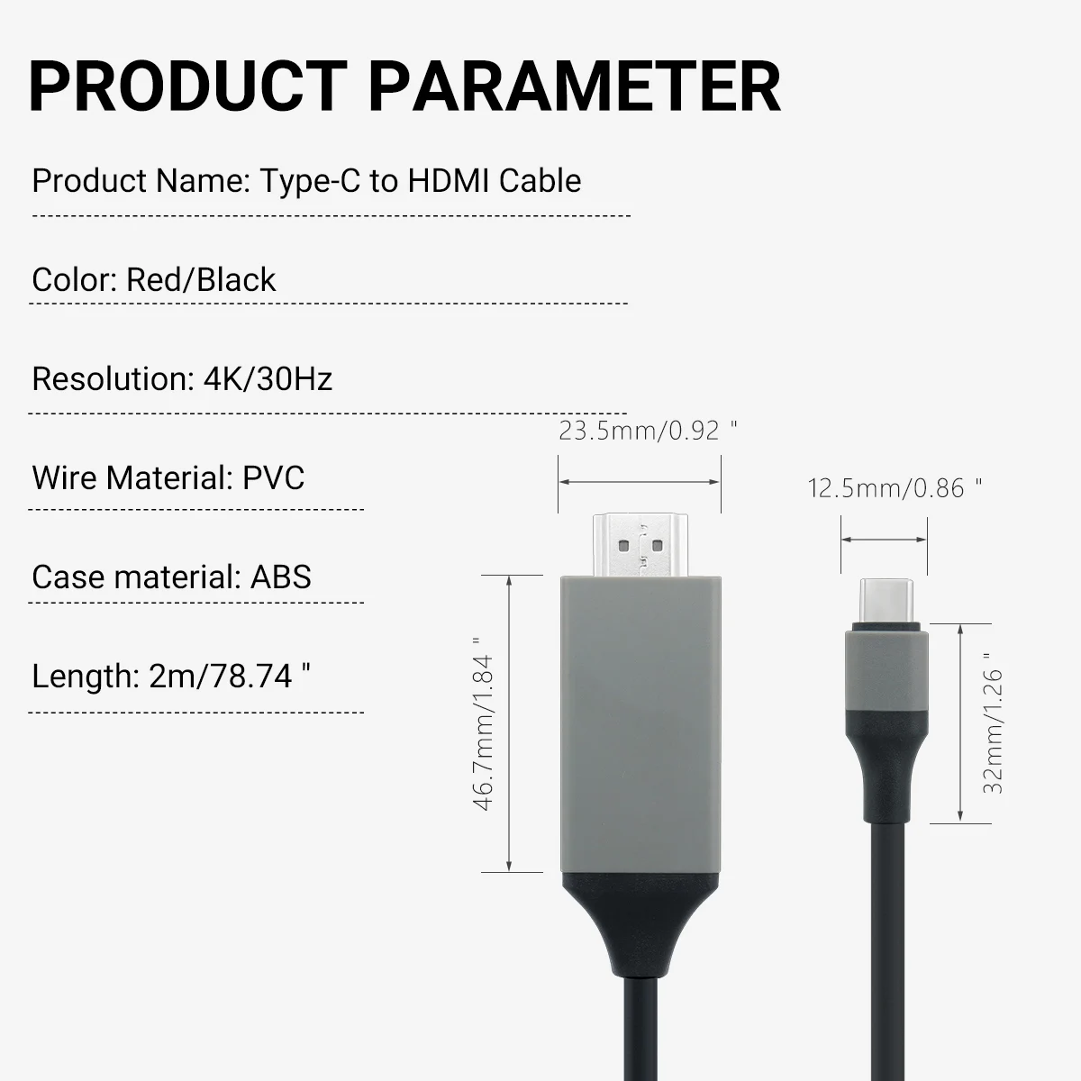 USB C para Cabo HDMI, ABS Tipo-C para Adaptador HDTV, Compatível para MacBook, IPad, IMac, iPhone, Laptop, 2m, 7.74in, 6.56 pés, 4K, 30Hz