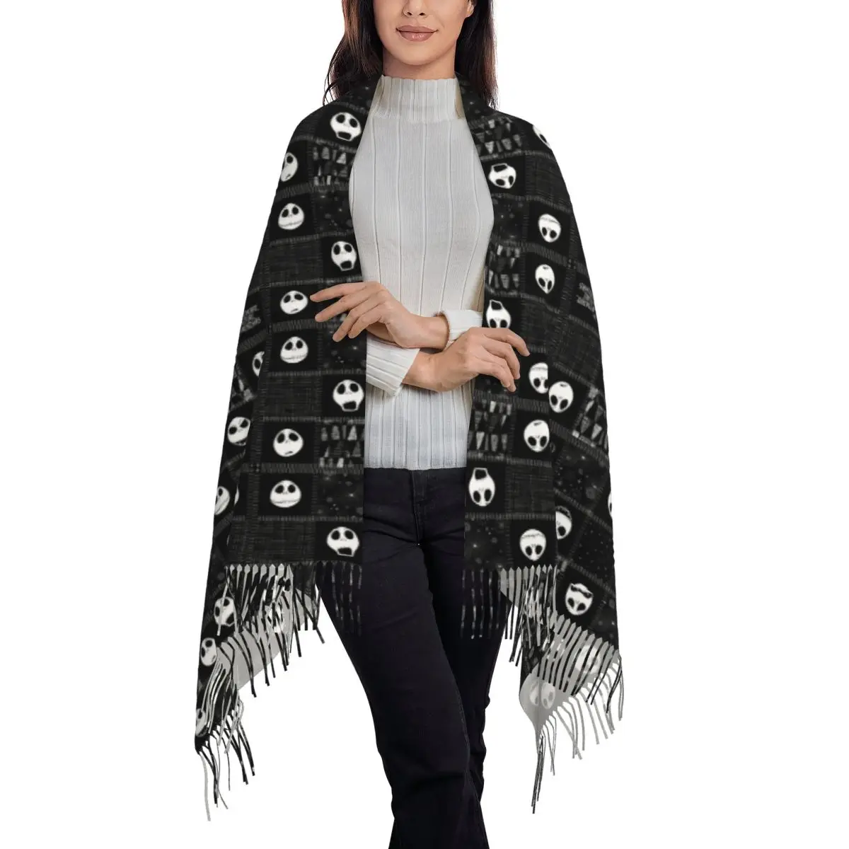 Custom The Nightmare Before Christmas Faces Of Jack Tassel Scarf Women Winter Fall Warm Shawl Wrap Ladies Scarves