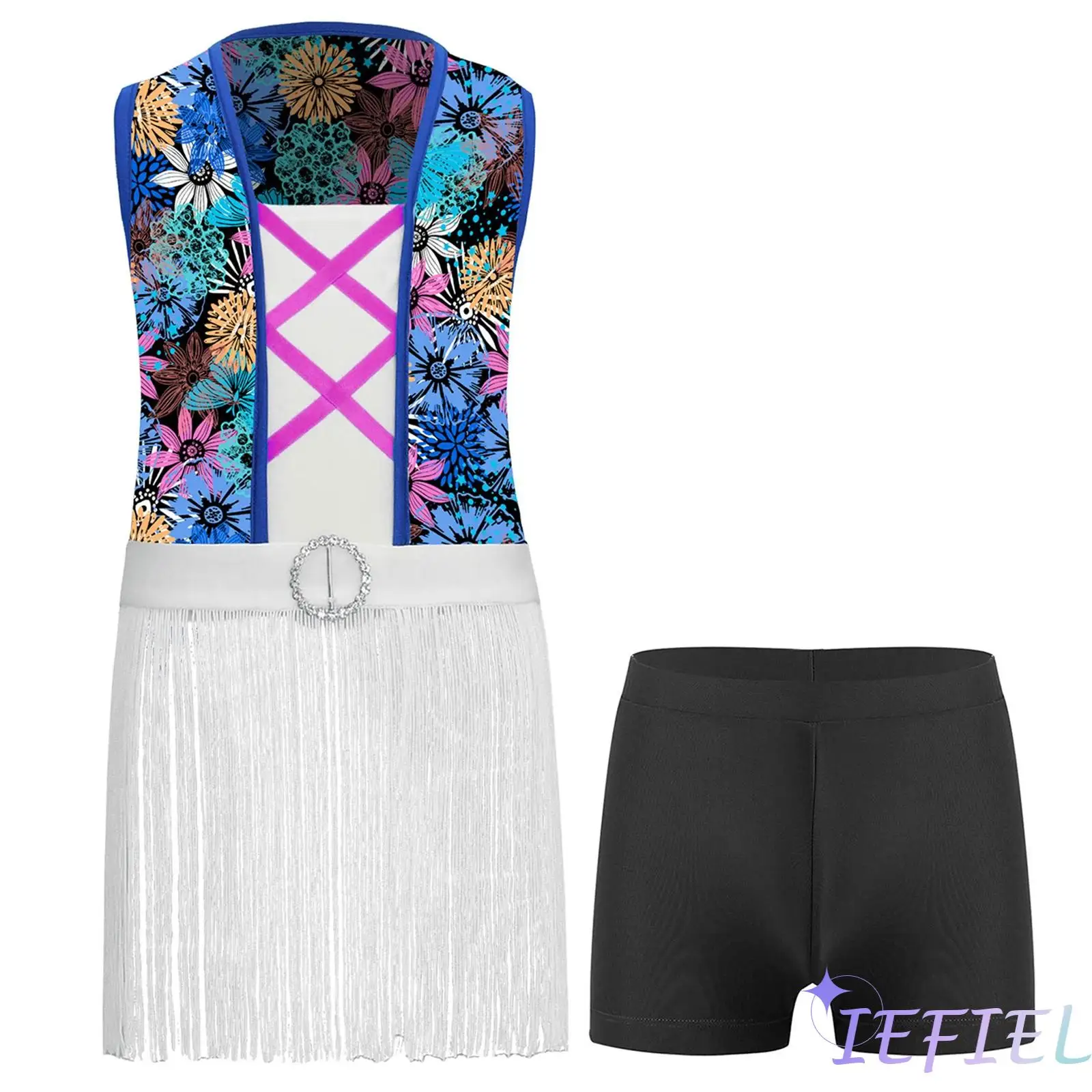 

Kids Girls Cha Cha Salsa Dance Outfits Modern Latin Dance Fringe Crop Top Tank Vest with Shorts for Stage Ballroom Dance Show