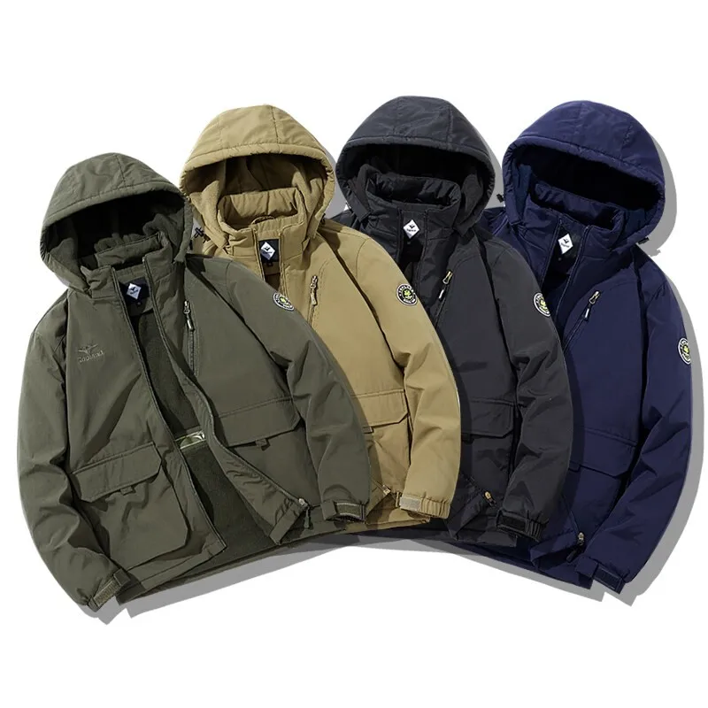 Men's Winter Brand Jacket Thickened fleece-lined Autumn Warm Detachable Hat Parka Men's Snow Work Wear-resistant Windbreaker